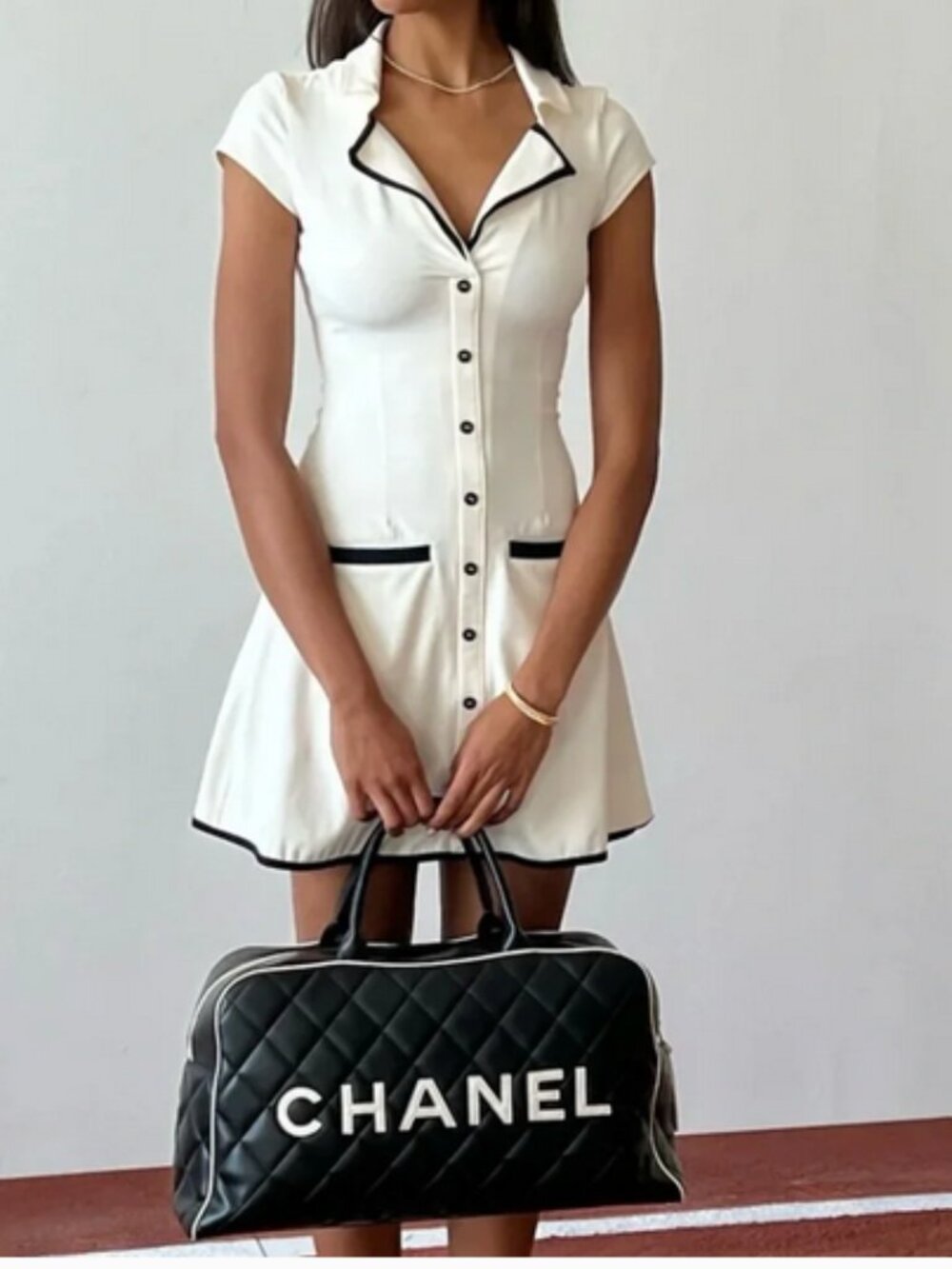 NWT WeWoreWhat Collared Mini Dress in brushed Nylon Off-White/Black Sz S